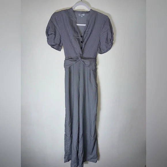 EUC Anthropologie Current Air That's A Wrap pinstrip jumpsuit SMALL‎ puff sleeve - Picture 4 of 11